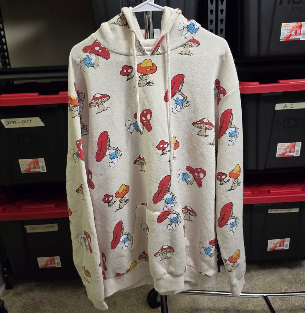 ​The Smurfs All Over Print Hoodie Mens Large Beige Mushroom Graphic Sweatshirt